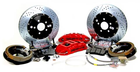 Brake System 14 Inch Rear Extreme+ with Park Brake Shelby Logo Red Ford 9 Inch 5 on 5 Big Bearing BAER Brakes